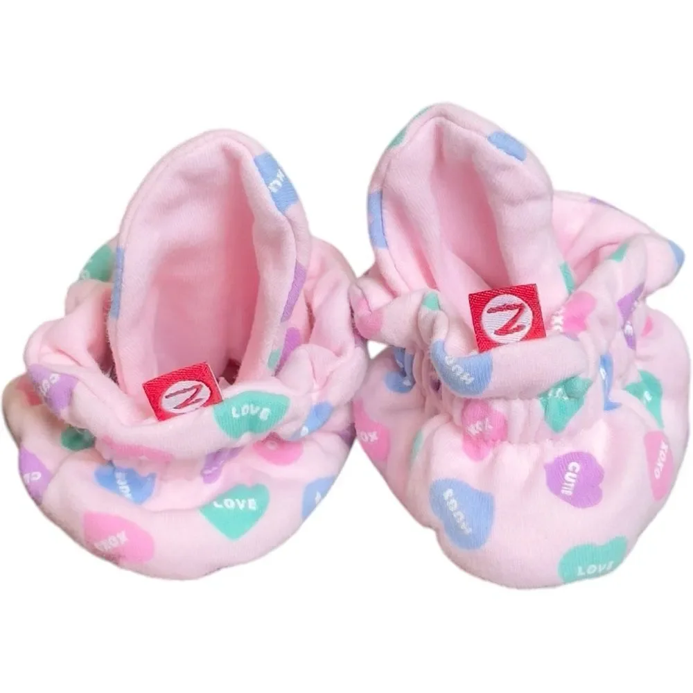 Zutano Baby Organic Cotton Pink Heart Print Booties Gripper Soles. 12 Months.